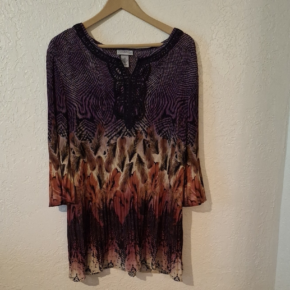 Catherines Graphic Tunic with 3/4 Sleeves in Purple and Orange